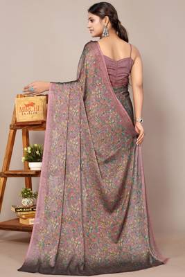 Dark dusty rose pink chiffon floral print plain saree with unstitched blouse piece 4