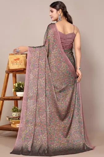 Dark dusty rose pink chiffon floral print plain saree with unstitched blouse piece