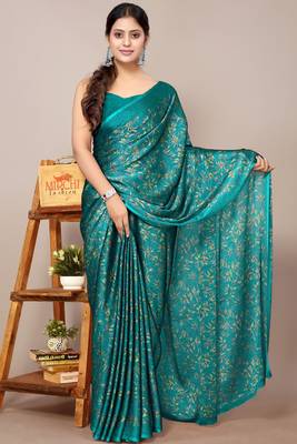 Teal chiffon floral print plain saree with unstitched blouse piece 1