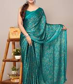 Teal chiffon floral print plain saree with unstitched blouse piece