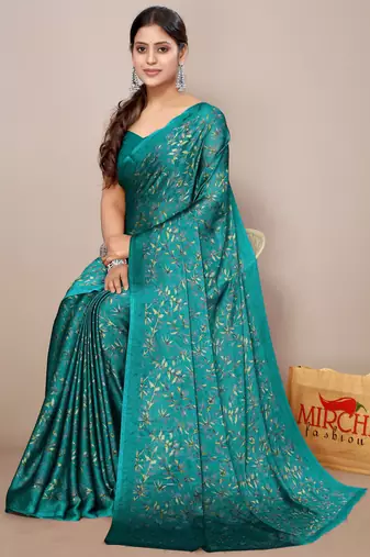 Teal chiffon floral print plain saree with unstitched blouse piece