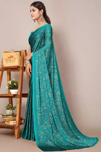 Teal chiffon floral print plain saree with unstitched blouse piece