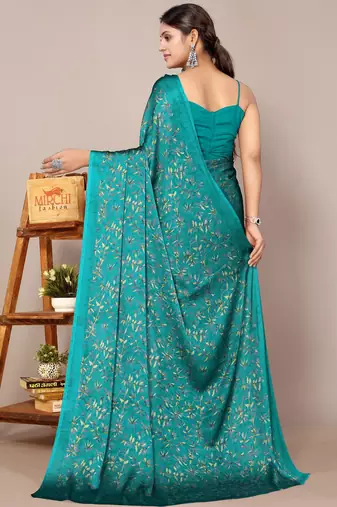 Teal chiffon floral print plain saree with unstitched blouse piece