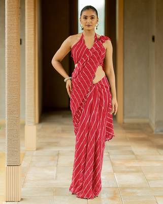 Red georgette stripes print plastic mirror work border saree with unstitched blouse piece 1