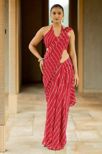 Red georgette stripes print plastic mirror work border saree with unstitched blouse piece