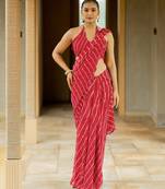 Red georgette stripes print plastic mirror work border saree with unstitched blouse piece