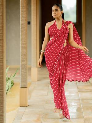 Red georgette stripes print plastic mirror work border saree with unstitched blouse piece 2