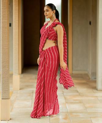 Red georgette stripes print plastic mirror work border saree with unstitched blouse piece 3