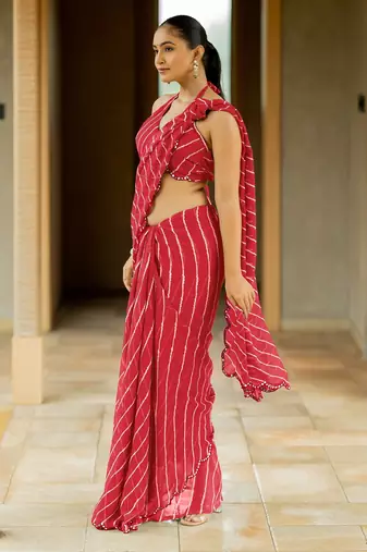 Red georgette stripes print plastic mirror work border saree with unstitched blouse piece