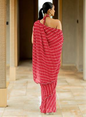 Red georgette stripes print plastic mirror work border saree with unstitched blouse piece 4