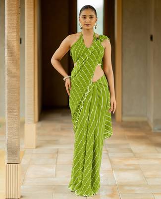 Green georgette stripes print plastic mirror work border saree with unstitched blouse piece 1