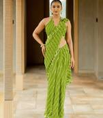 Green georgette stripes print plastic mirror work border saree with unstitched blouse piece