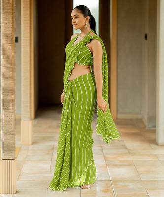 Green georgette stripes print plastic mirror work border saree with unstitched blouse piece 3