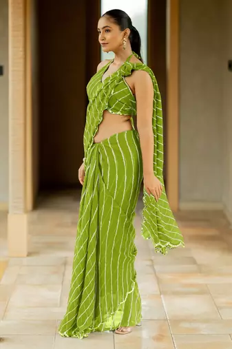 Green georgette stripes print plastic mirror work border saree with unstitched blouse piece
