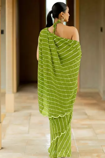 Green georgette stripes print plastic mirror work border saree with unstitched blouse piece