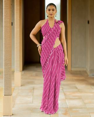 Dark pink georgette stripes print plastic mirror work border saree with unstitched blouse piece 1