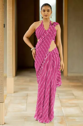 Dark pink georgette stripes print plastic mirror work border saree with unstitched blouse piece