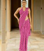 Dark pink georgette stripes print plastic mirror work border saree with unstitched blouse piece