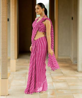 Dark pink georgette stripes print plastic mirror work border saree with unstitched blouse piece 3