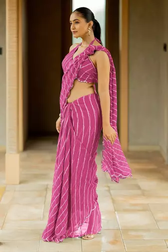 Dark pink georgette stripes print plastic mirror work border saree with unstitched blouse piece