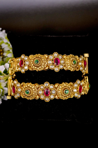 Floral kundan antique gold bangles