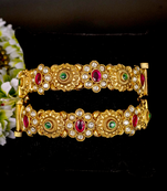 Floral kundan antique gold bangles