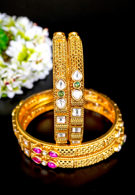 Elegant kundan & ruby gold bangles set 3
