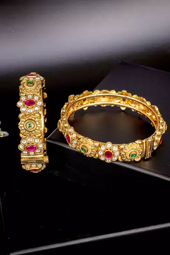 Floral kundan antique gold bangles