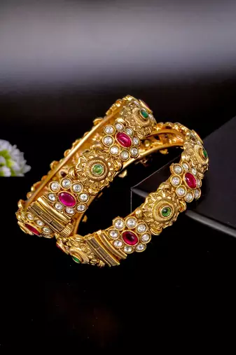Floral kundan antique gold bangles