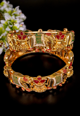 Regal elephant motif gold bangles with enamel detailing 3