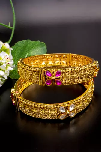 Antique gold fili gree bangles dual gemstone charm