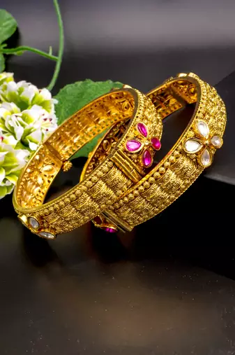 Antique gold fili gree bangles dual gemstone charm
