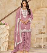 Pink thread embroidered roman Art Silk semi stitched salwar suit