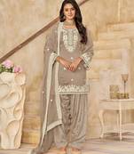 Beige thread embroidered roman Art Silk semi stitched salwar suit