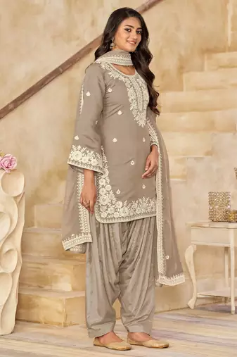 Beige thread embroidered roman Art Silk salwar suit
