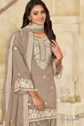 Beige thread embroidered roman Art Silk salwar suit