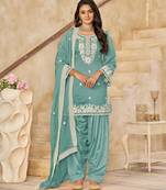 Aqua blue thread embroidered roman Art Silk semi stitched salwar suit