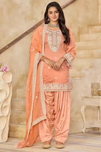 Orange thread embroidered roman Art Silk semi stitched salwar suit