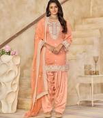 Orange thread embroidered roman Art Silk semi stitched salwar suit