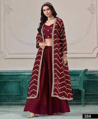 Maroon chinon designer free size stitched indo western Palazzo 1