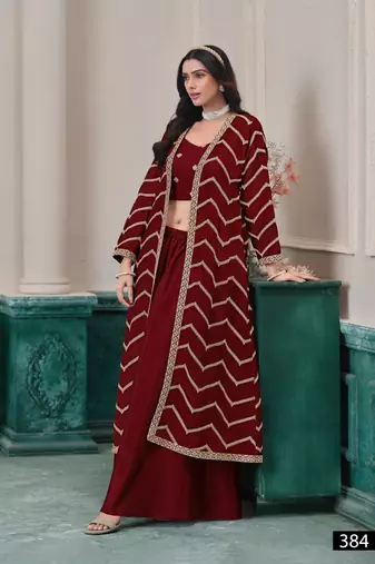 Maroon chinon designer free size stitched indo western Palazzo