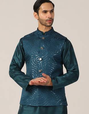 Turquoise cotton silk nehru jacket 1