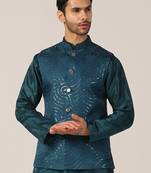 Turquoise cotton silk nehru jacket