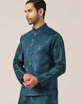 Turquoise cotton silk nehru jacket 2