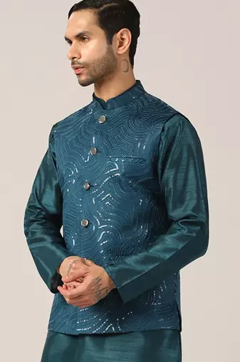 Turquoise cotton silk nehru jacket