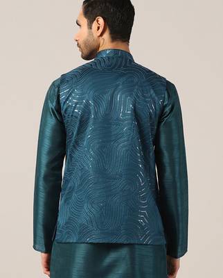 Turquoise cotton silk nehru jacket 3