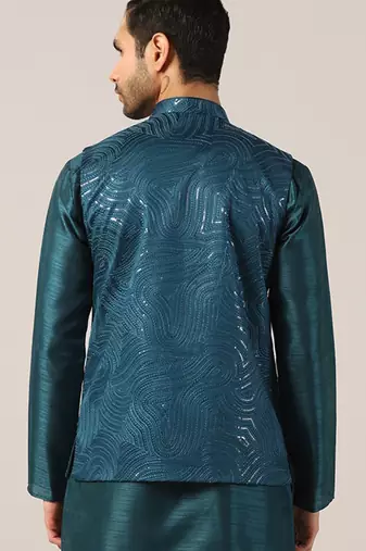 Turquoise cotton silk nehru jacket
