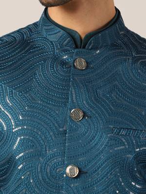 Turquoise cotton silk nehru jacket 4