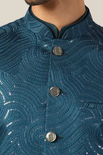 Turquoise cotton silk nehru jacket