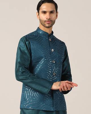 Turquoise cotton silk nehru jacket 5